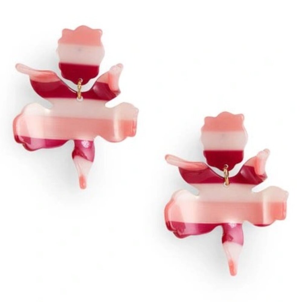 ❌SOLD OUT❌ LELE SADOUGHI $125 Small Paper Lily Earrings In Burgundy Pink Stripe - Picture 1 of 4